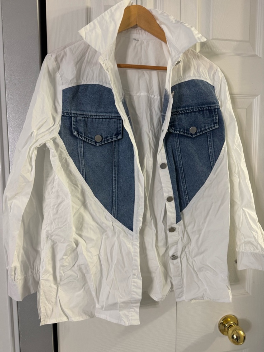 Size Medium Denim Patchwork heart - White Button-Up Shirt with Denim Heart top - Picture 5 of 8